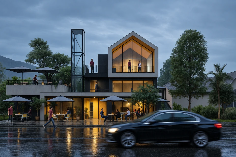 Contemporary architecture at dusk, with warm interiors and a sculptural pitched roof