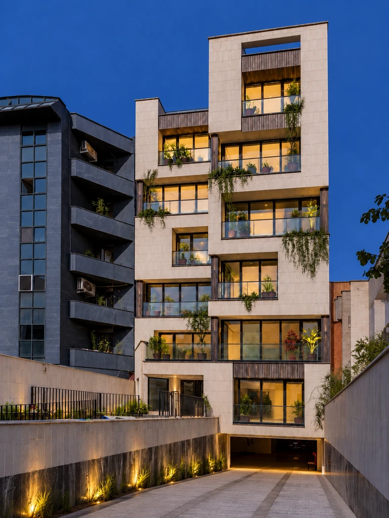 Vozara Administration Building with staggered stone volumes, planted glass balconies and warm window lighting at dusk